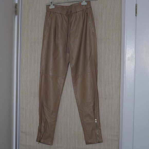 Rebecca Taylor Taupe Beige  leather pants elastic waist hem zip Jogger Size: 2 - Picture 4 of 17